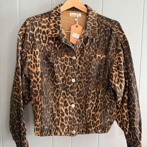 NWT leopard print denim bomber jacket S Indie Sleaze cropped animal‎ print coat